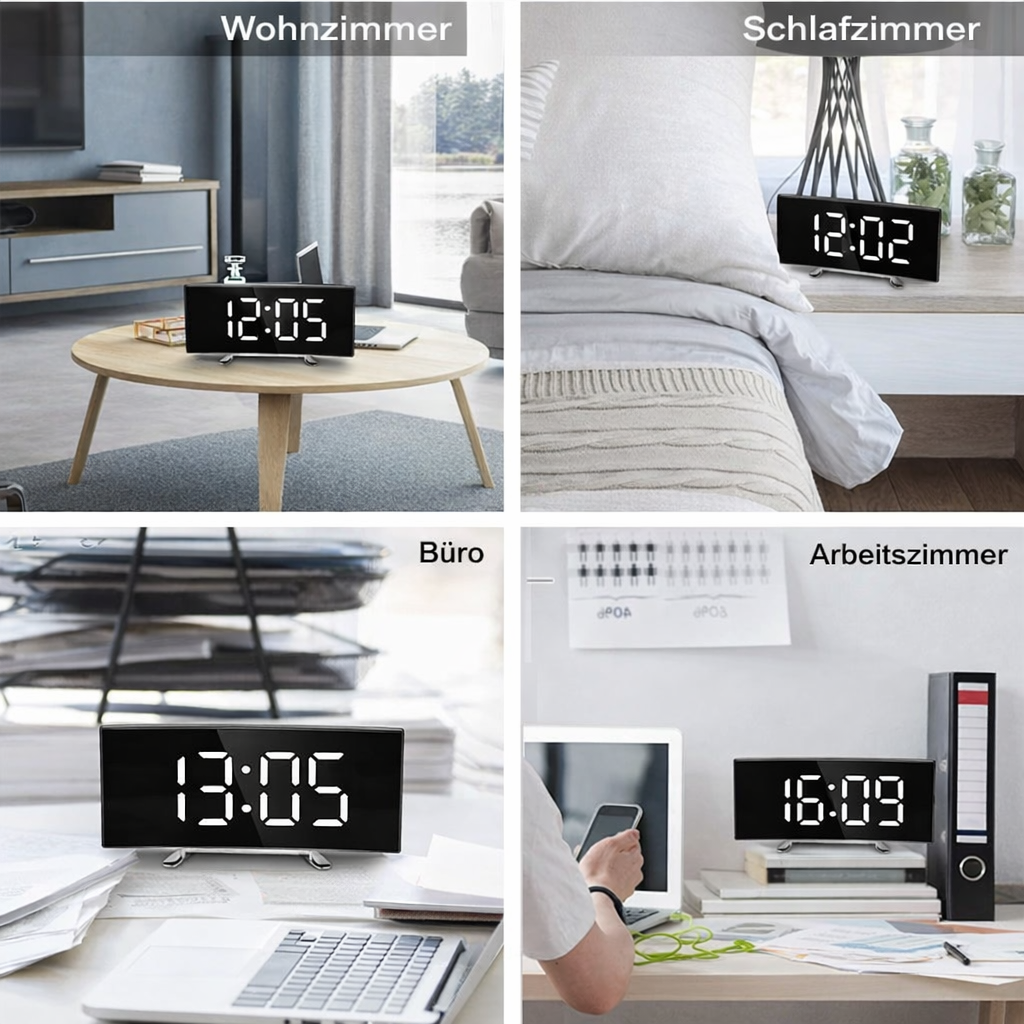 Eleganter, geschwungener LED Spiegelwecker mit digitaler Zeitanzeige, dimmbar, ideal für moderne Räume.