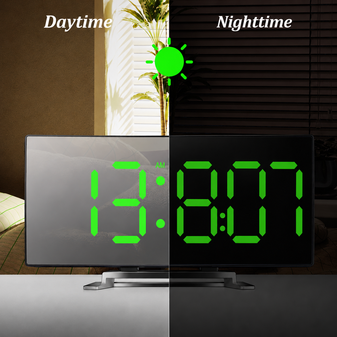 Modernes LED-Wecker Digitaluhr auf Nachttisch, mit Auto-Dimmung & geschwungenem Design, klar ablesbar.