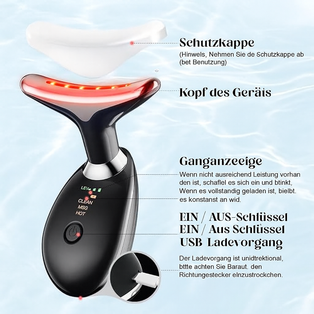 Hautverjüngungs-Massagegerät mit Licht-, Vibrations- & Wärmetherapie für Gesicht & Hals.