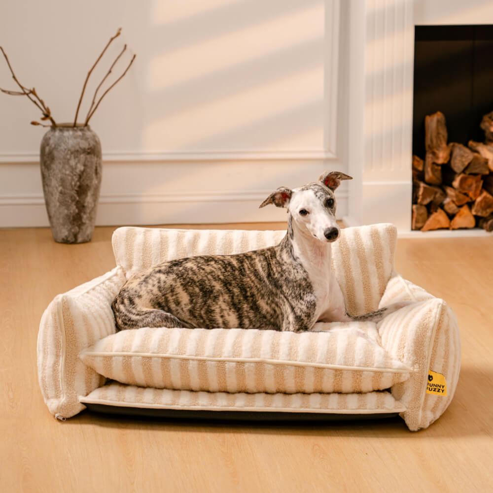 Weicher Hundebett-Bezug, gestreift, aus Lammwolle-Imitat. Robust und maschinenwaschbar.