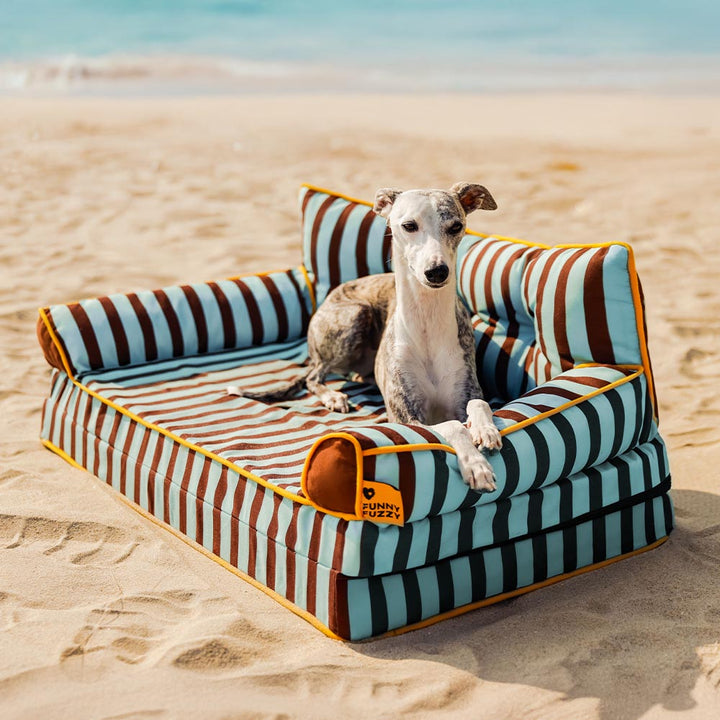 Gelenkschonendes, faltbares Hundesofa, gestreift. Bietet ergonomischen Liegekomfort.