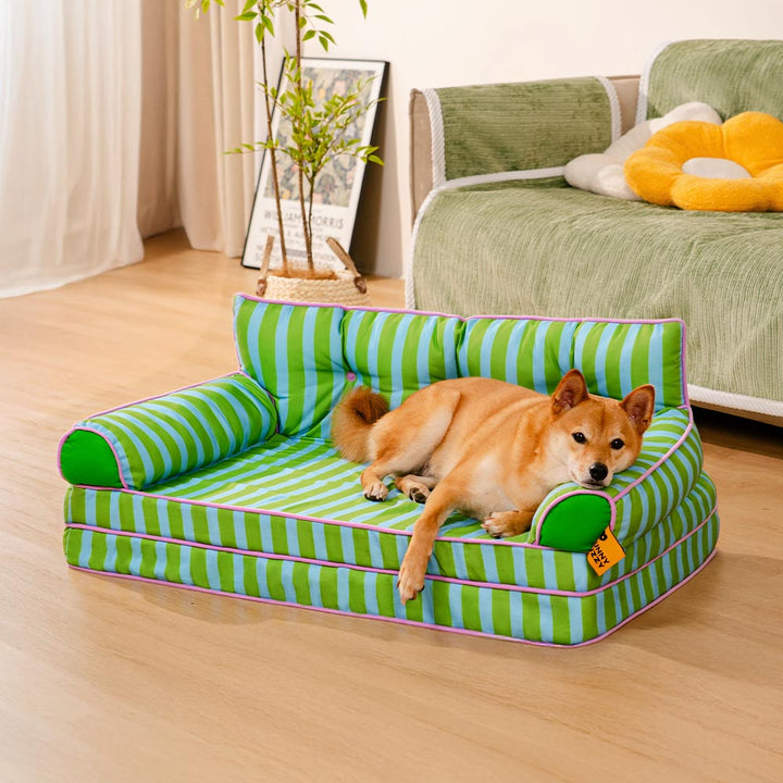 Gemütliches, gestreiftes Hundesofa, faltbar. Ideal für entspannte Nickerchen und Ruhephasen.