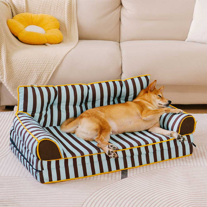 Stilvolles, gestreiftes Hundesofa, faltbar und wasserabweisend. Passt perfekt in jedes Ambiente.