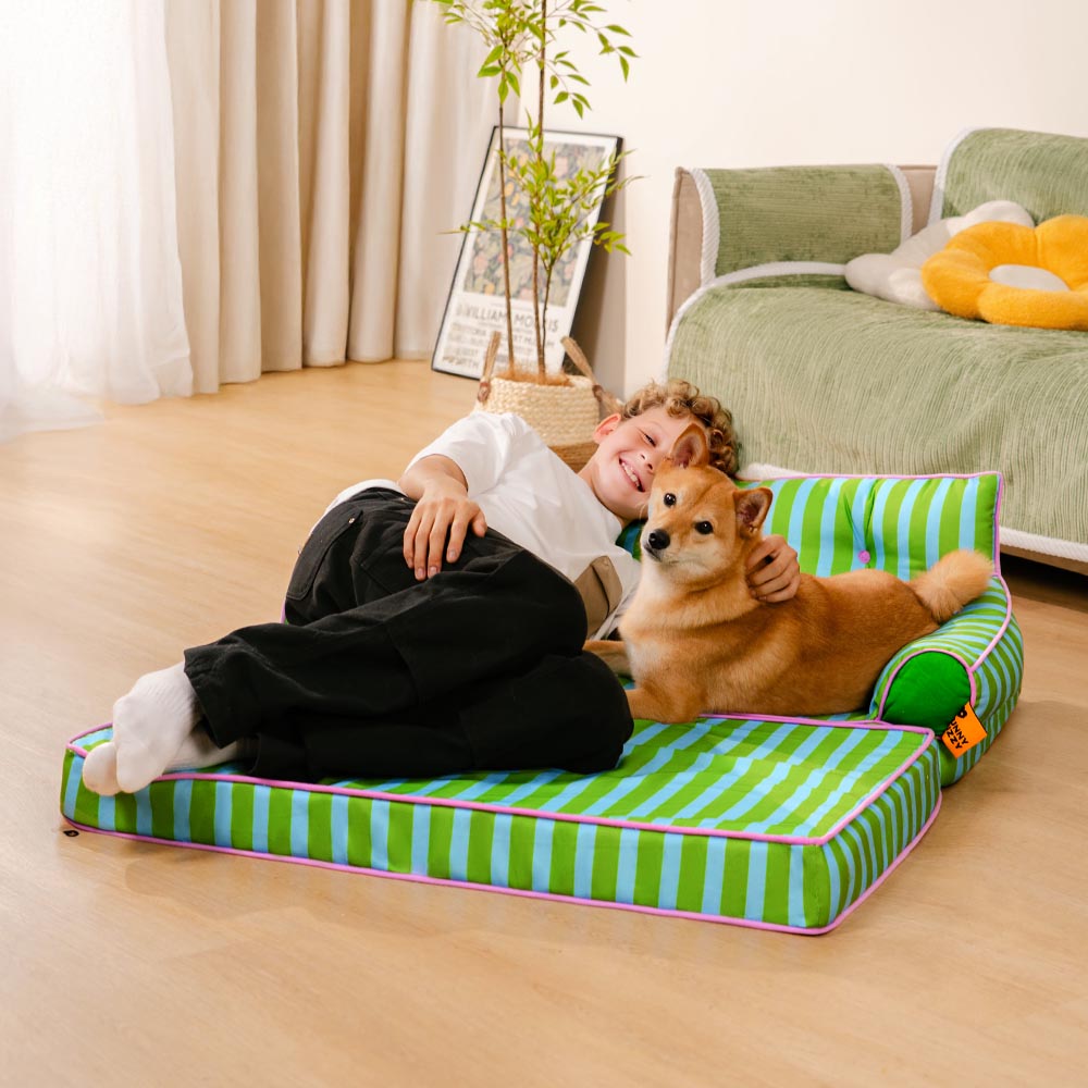 Praktisches Hundesofa, gestreift, wasserabweisend. Faltbar für unterwegs. Hoher Liegekomfort.
