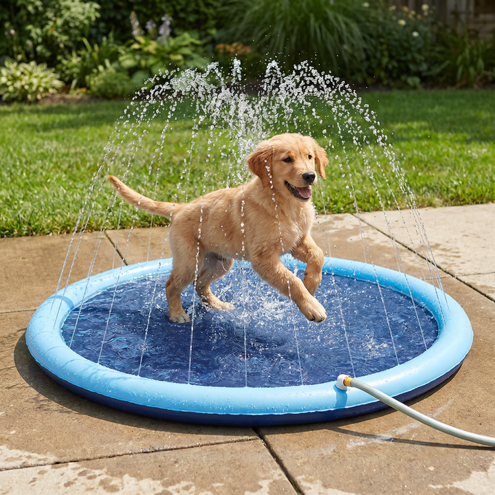 Glücklicher Hund trinkt aus interaktiver Hundefontäne im Garten. Sommerspielzeug für erfrischende Abkühlung & Wasserspaß.