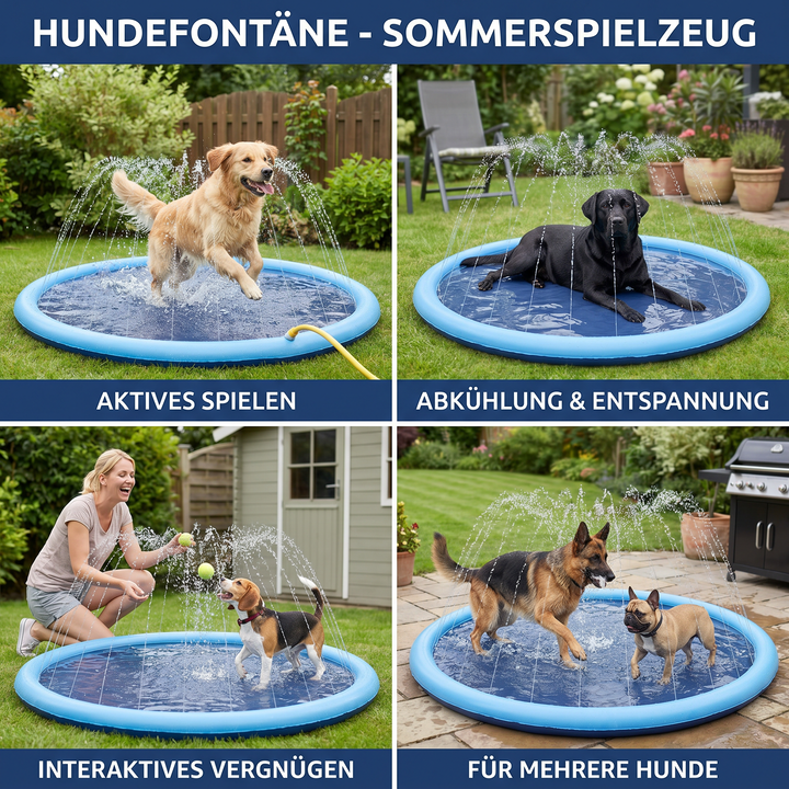 Hund genießt kühle Erfrischung mit der Hundefontäne. Perfektes Sommerspielzeug für Wasserkühlung und Outdoor-Aktivität.