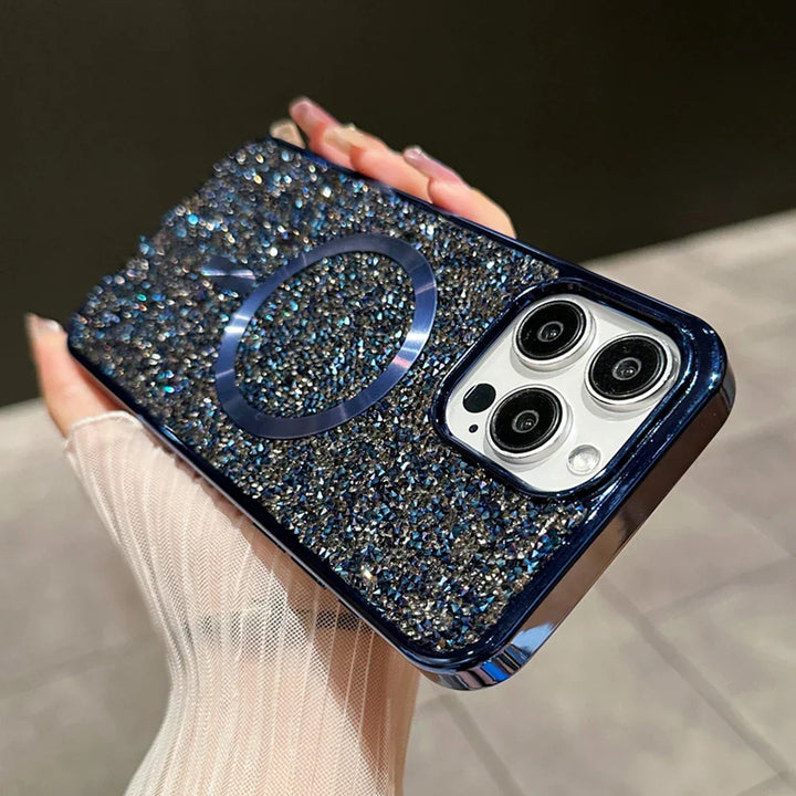 Funkelnde magnetische Schutzhülle für iPhone, bietet starken Schutz und elegantes Design.
