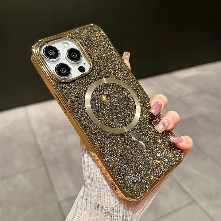 Magnetische Glitzerhülle für alle iPhone Modelle, sicherer Halt und glamouröses Aussehen.