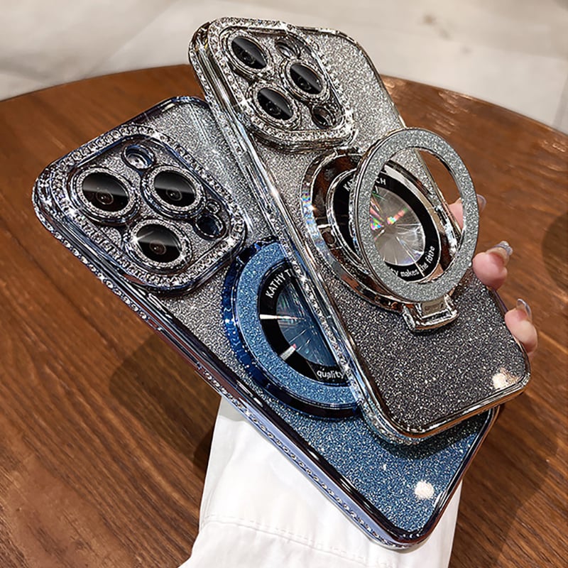 Glitzernde iPhone Handyhülle mit Diamant-Ring und MagSafe Ständer für umfassenden Schutz.
