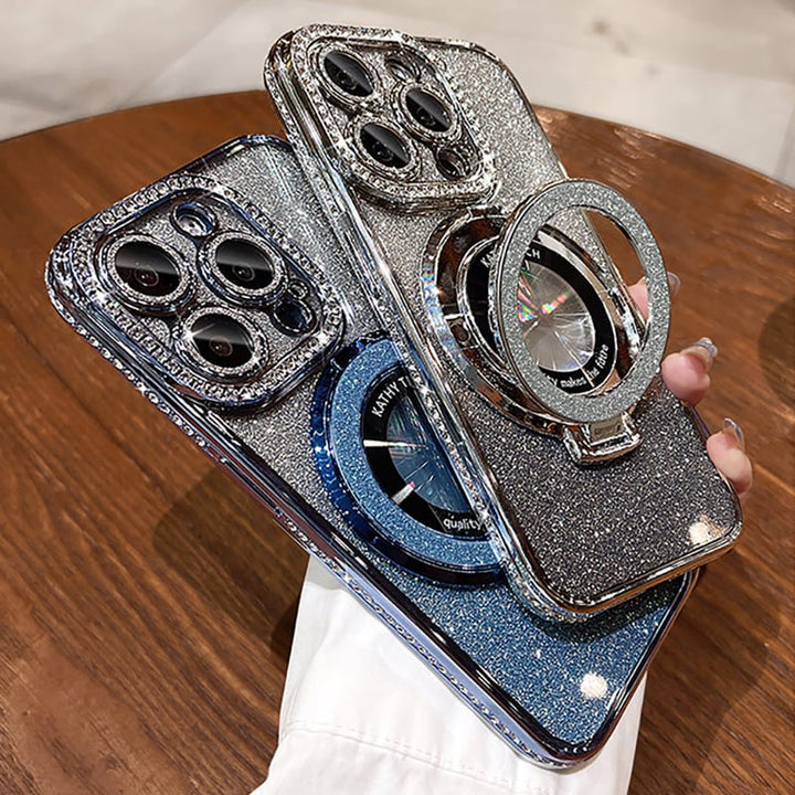 Glitzernde iPhone Handyhülle mit Diamant-Ring und MagSafe Ständer für umfassenden Schutz.