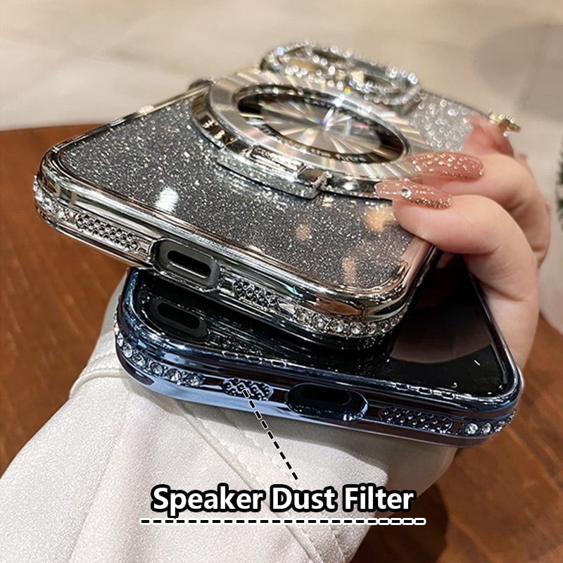 Elegante silberne Glitzer iPhone Hülle mit Diamant-Ring und MagSafe Ständer aus TPU für Schutz.
