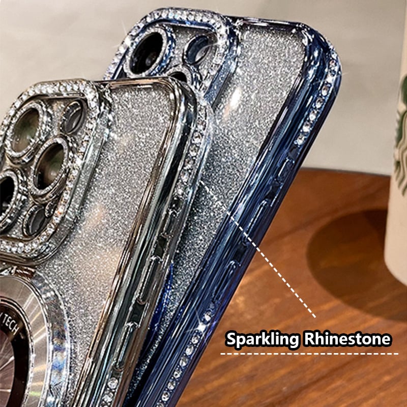 Stilvolle schwarze iPhone Glitzerhülle mit Diamant-Ring, MagSafe und integriertem Ständer.