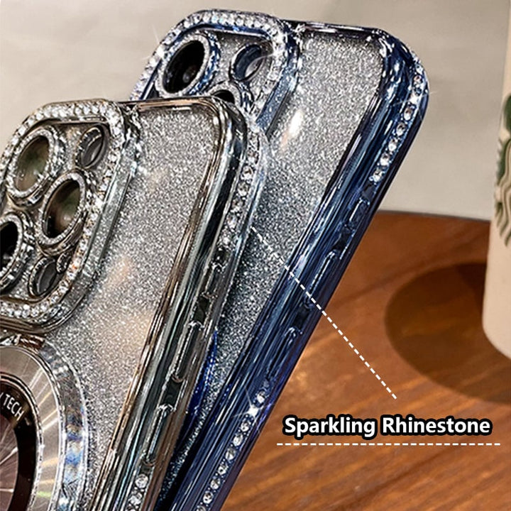Stilvolle schwarze iPhone Glitzerhülle mit Diamant-Ring, MagSafe und integriertem Ständer.
