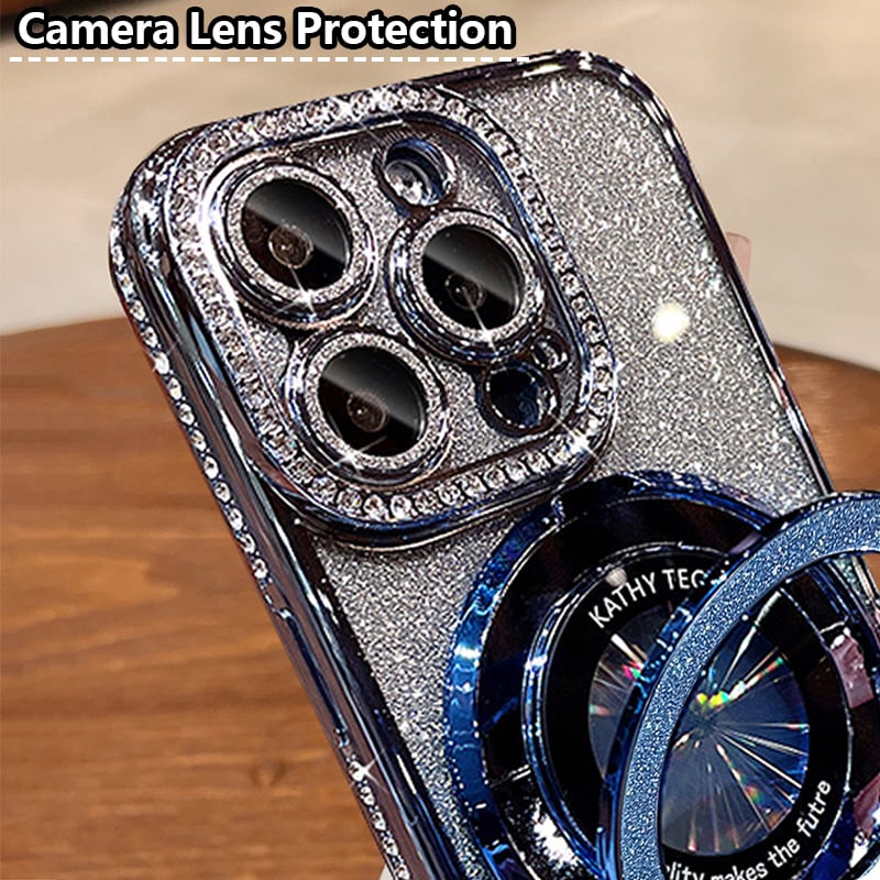 Schillernde lila Glitzer iPhone Schutzhülle mit Diamant-Ring und praktischem MagSafe Ständer.