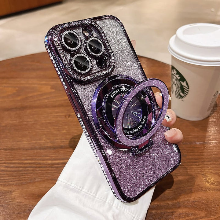 iPhone Glitzerhülle mit Diamant-Ring, MagSafe Kompatibilität und ausklappbarem Ständer.