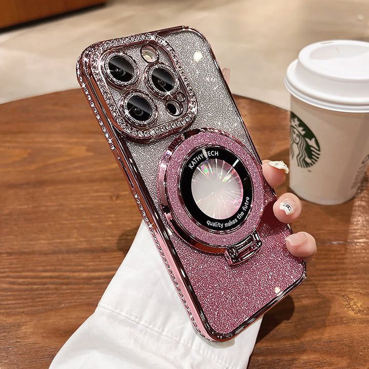 Robuste TPU iPhone Glitzer Handyhülle, Diamant-Ring, MagSafe Ständer und Fallschutz-Accessoire.
