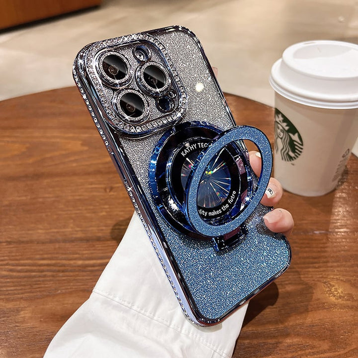 Luxuriöse iPhone Glitzer Handyhülle als Accessoire, mit Diamant-Ring und MagSafe Ständer.