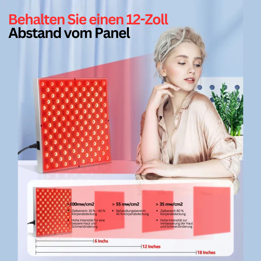 GlowTherapy Rotlicht-Infrarot-Paneel auf dem Rücken für gezielte Schmerzlinderung & Muskelentspannung.