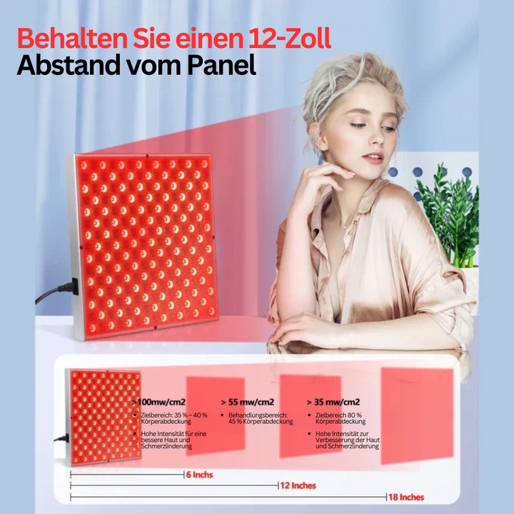 GlowTherapy Rotlicht-Infrarot-Paneel auf dem Rücken für gezielte Schmerzlinderung & Muskelentspannung.