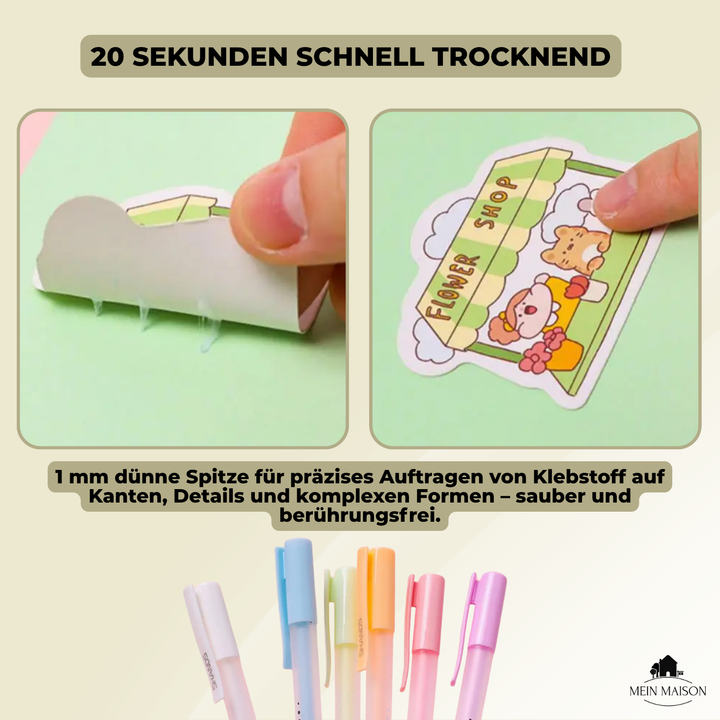 Sechs GlueMaster Präzisions-Klebestifte akkurat angeordnet, bereit für Basteln, Kreativität & DIY-Projekte.