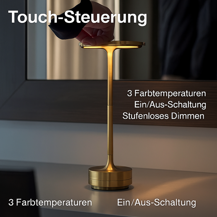 Schwarze dimmbare LED Tischlampe mit Touch, kabellos, IP66, vielseitig einsetzbar als Innen- & Außenbeleuchtung.