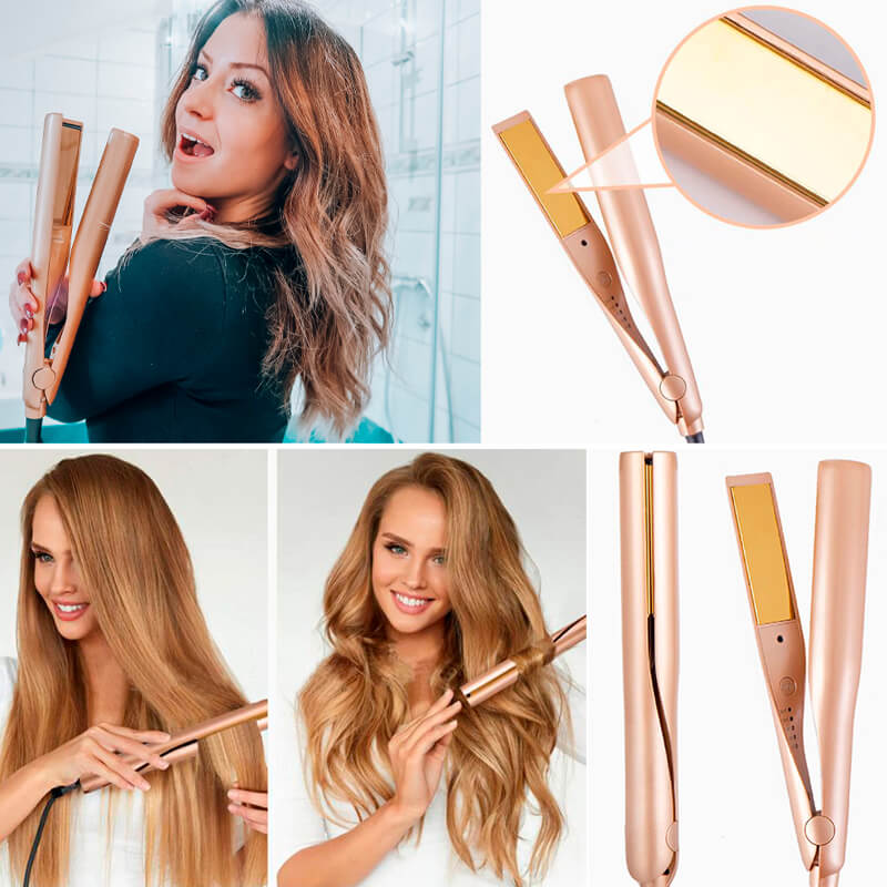 Professionelles Haarstyling-Set: Goldener 2-in-1 Unisex Haarstyler, Glätteisen & Lockenstab für vielseitige Looks.