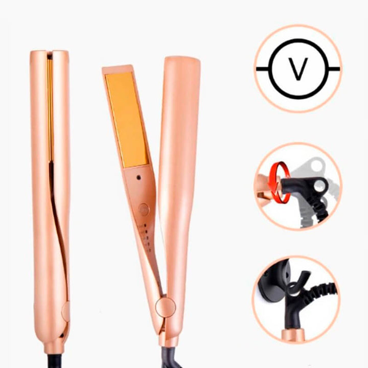 Detailansicht des goldenen Glätteisen-Aufsatzes des 2-in-1 Profi-Haarstylers für glatte, glänzende Frisuren.
