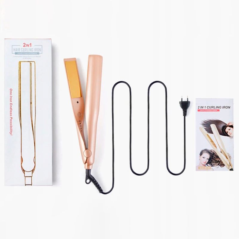 Benutzerin stylt ihr Haar mit dem vielseitigen goldenen 2-in-1 Haarstyler zum Glätten oder Locken schnell.