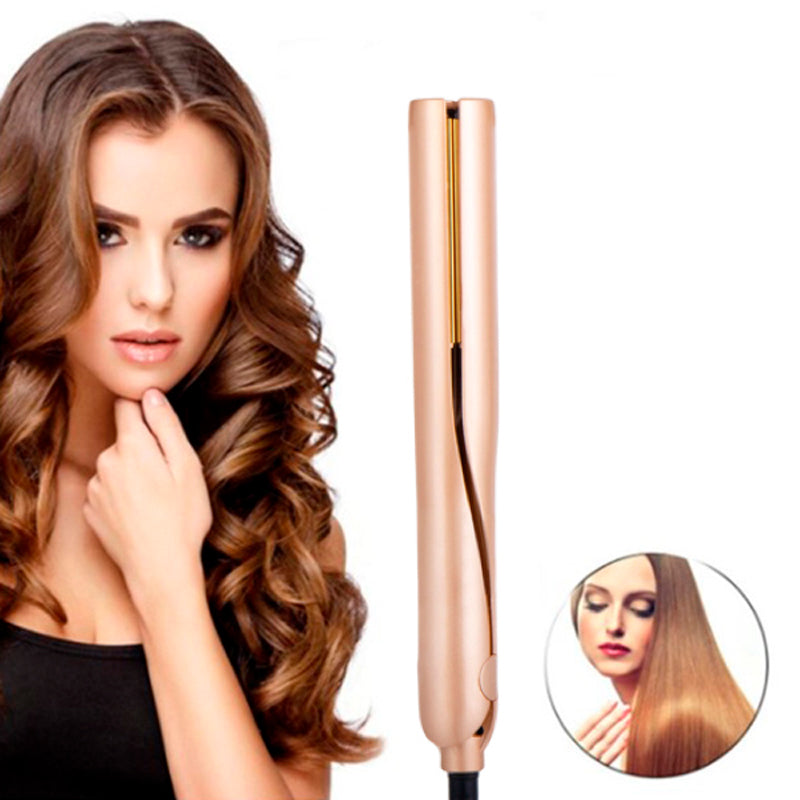 Vielseitiger 2-in-1 Haarstyler in Gold, Glätteisen und Lockenstab kombiniert für professionelles Haarstyling.