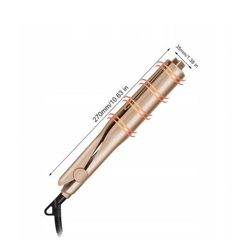 Goldener 2-in-1 Unisex Haarstyler, perfekt für glatte Haare, voluminöse Locken oder sanfte Wellen.