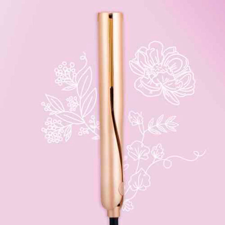 Nahaufnahme der glatten, goldenen Keramikplatten des 2-in-1 Profi-Haarstylers zum Glätten und Locken.