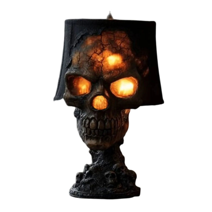 Gotische Schädel-Tischlampe mit LED-Ambiente-Licht. Perfekte Halloween- und Horror-Deko aus Resin.