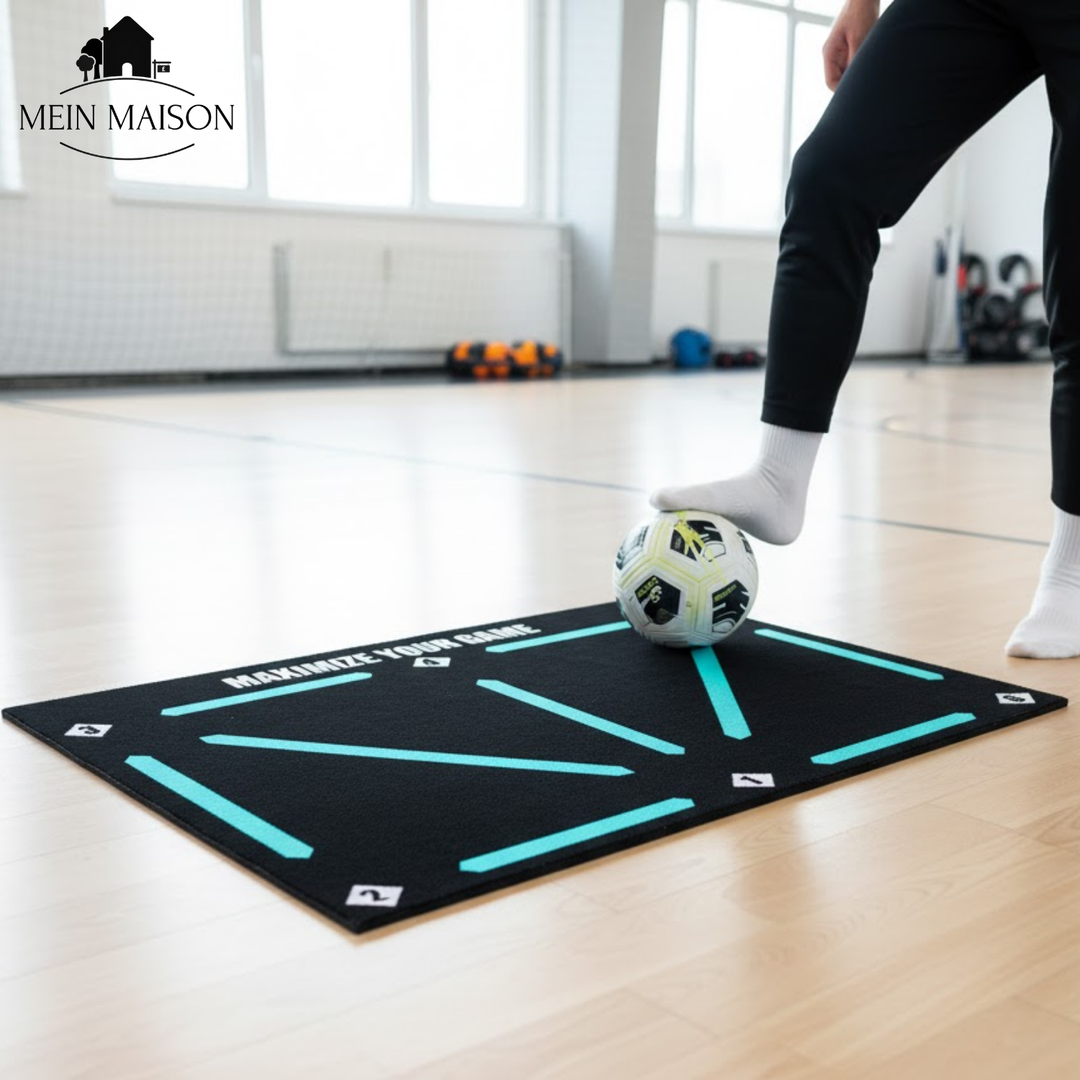 Grüne Fußball-Trainingsmatte für leises Indoor-Techniktraining & Ballkontrolle.