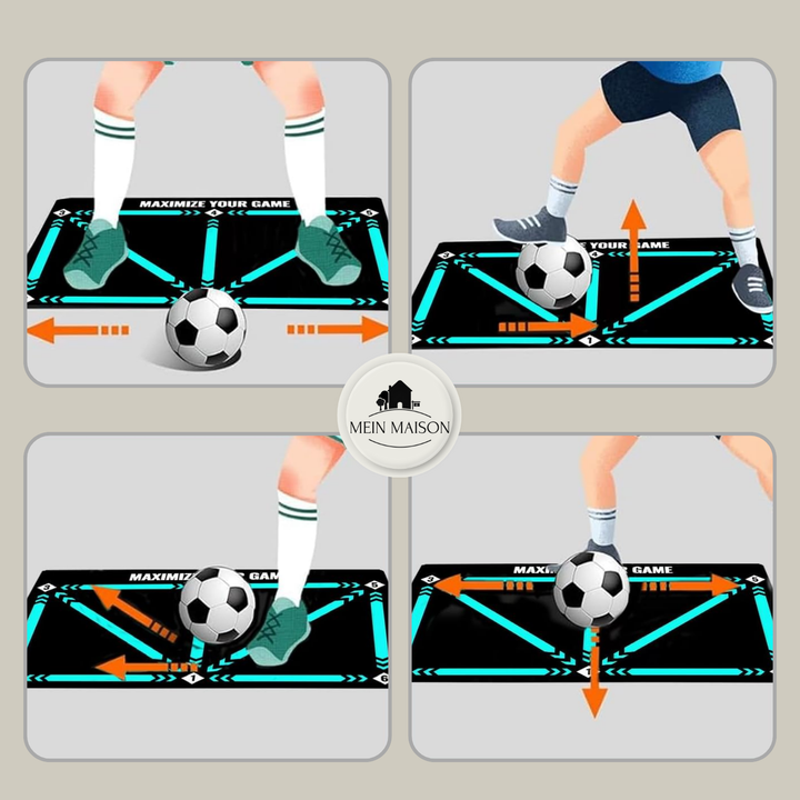 Grüne Fußball-Übungsmatte im Heimtraining, ideal für Indoor-Technik & Skill-Entwicklung.