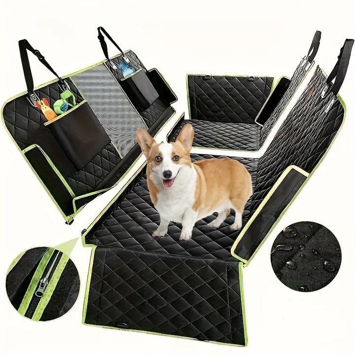 Grüne Hundeautoschondecke für Rückbank, wasserdicht & rutschfest, schützt Auto bei Reisen mit Haustier.