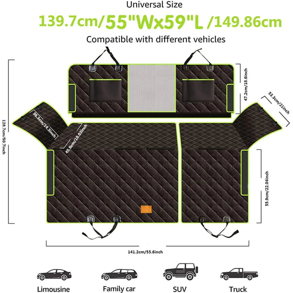 Vielseitige 6-in-1 Hunde Autoschondecke für Rückbank von Auto, SUV & LKW, schwarz, pflegeleicht.