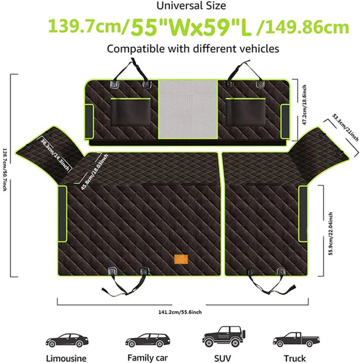 Vielseitige 6-in-1 Hunde Autoschondecke für Rückbank von Auto, SUV & LKW, schwarz, pflegeleicht.