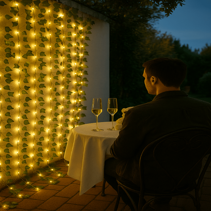 Gemütliches Ambiente mit grüner Blätter-Lichterkette, LED, batteriebetrieben, ideal für Wohndeko.