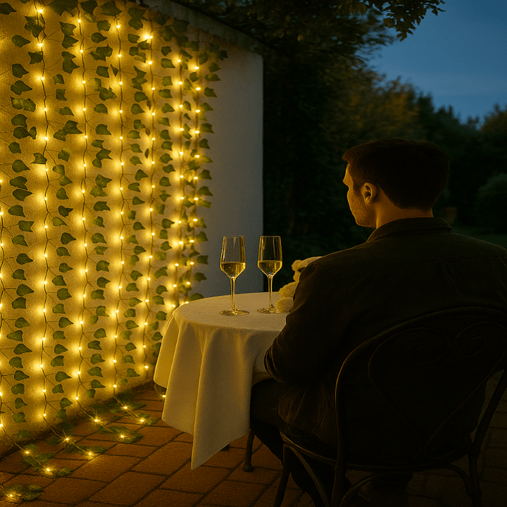 Gemütliches Ambiente mit grüner Blätter-Lichterkette, LED, batteriebetrieben, ideal für Wohndeko.