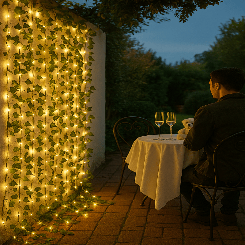 Festliche grüne Blätter-LED-Lichterkette, batteriebetrieben, perfekte Deko für Natur-Look.