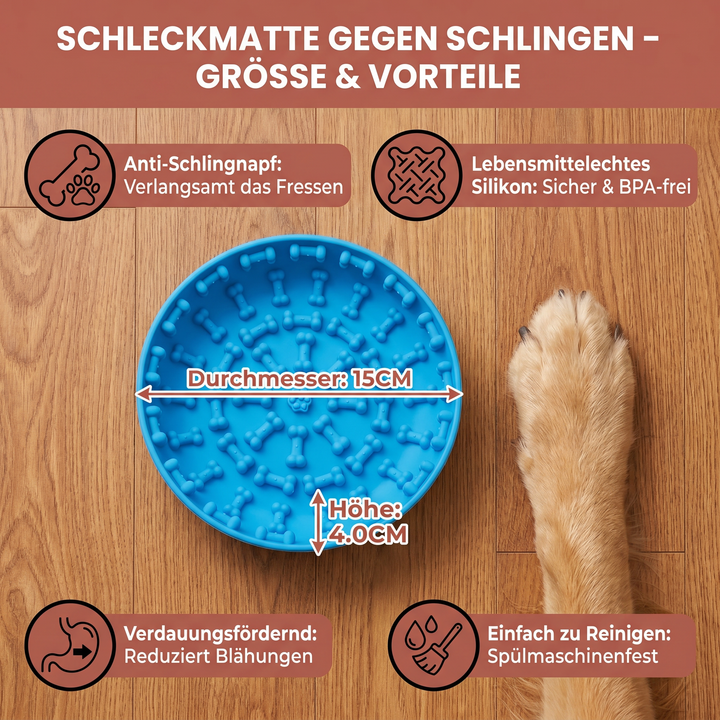 Blaue Schleckmatte für Hunde, ideal für Nassfutter & Leckerlis zur Entspannung. Tierbedarf.