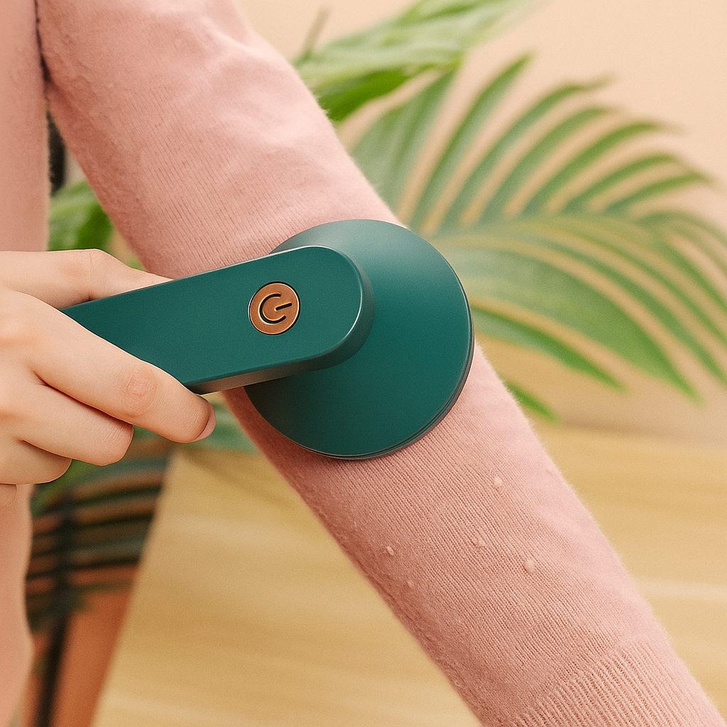 Grüner, elektrischer Fusselentferner für fusselfreie Kleidung. Ideal zur Textil- & Kleiderpflege.
