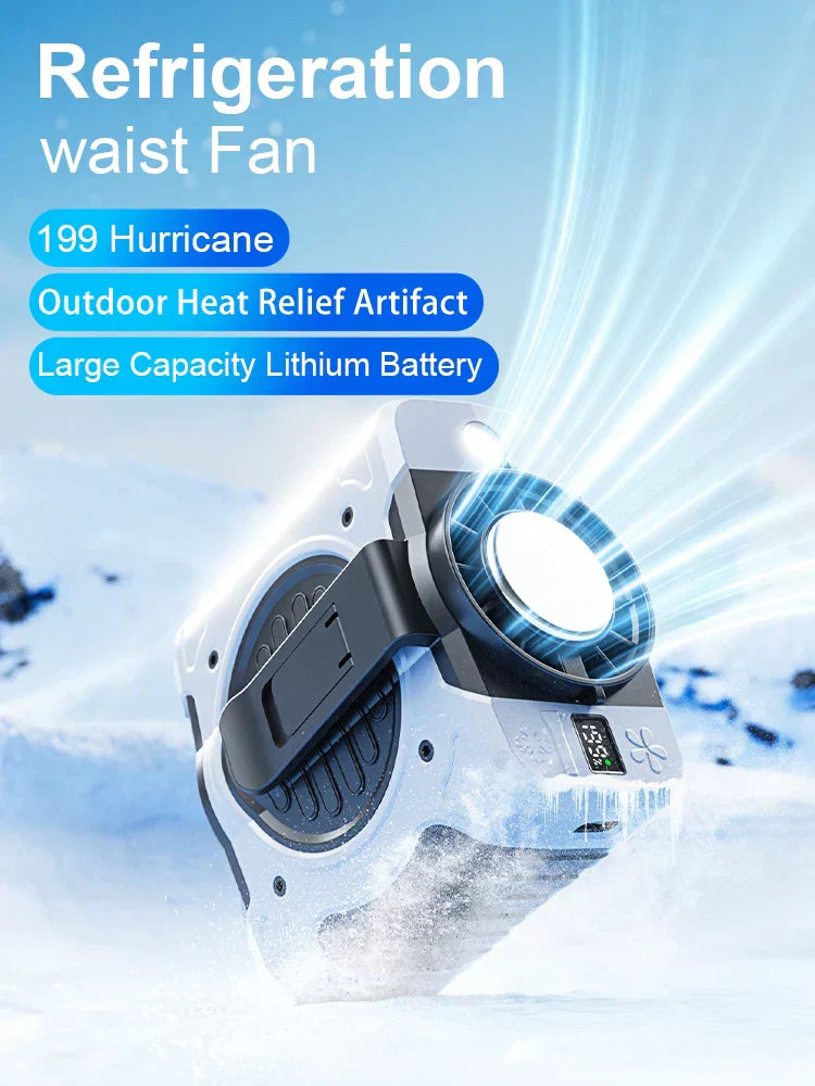 Hüftclip Ventilator mit Kühlfunktion & digitaler Anzeige, 199 Geschwindigkeiten, grün/grau.