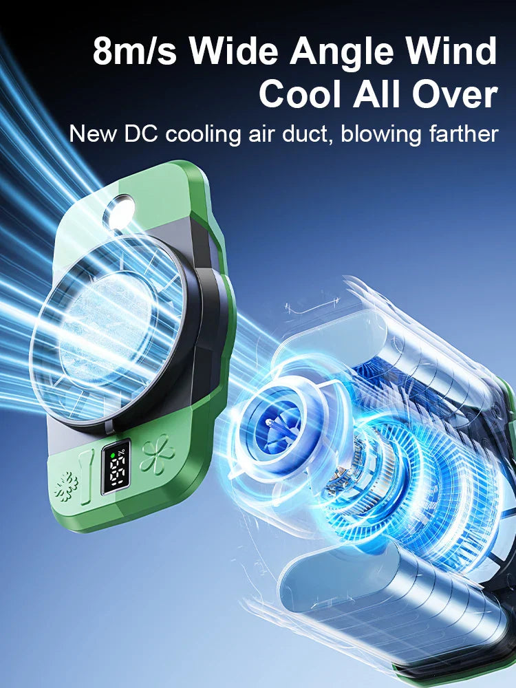 Grüner Hüftclip Ventilator mit 199 Geschw. und Kühlung für flexible Erfrischung unterwegs.