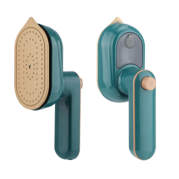 Ergonomischer Griff des grünen Handdampfers; einfache Bedienung für schnelle Bekleidungspflege.