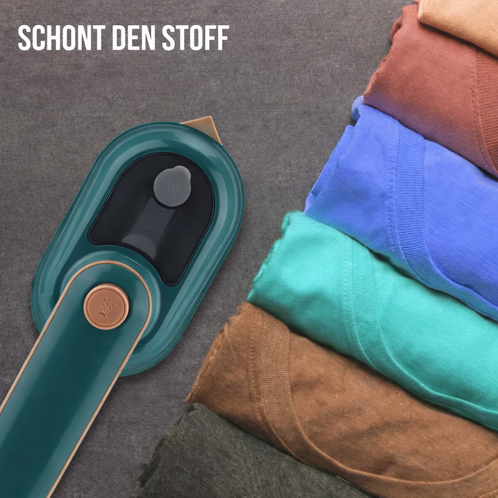 Handlicher, grüner Kleiderdampfglätter in Benutzung; ideal für Reise und Bekleidungspflege zuhause.