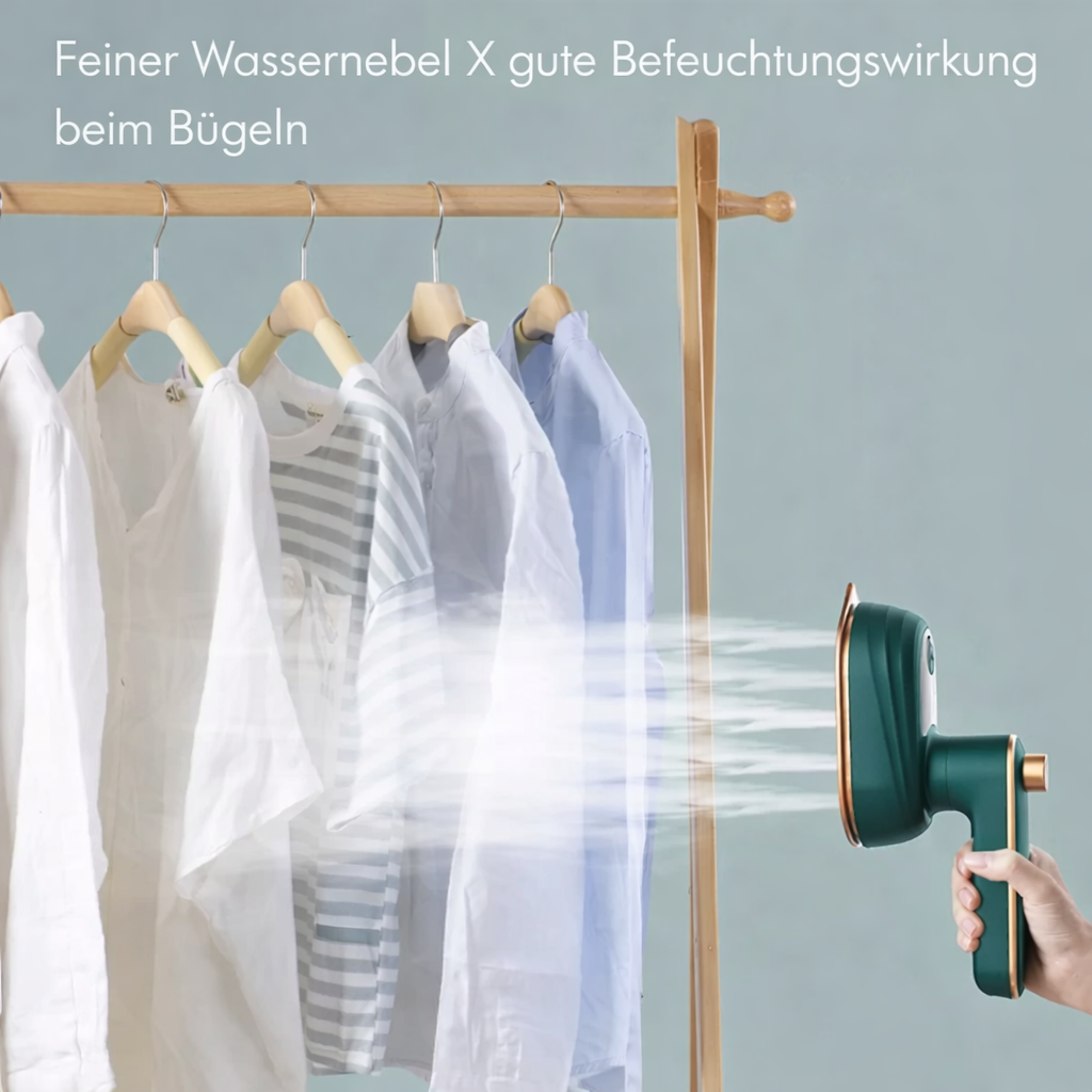 Grüner Handdampfer glättet Falten an einem Hemd; schnellheizend für effiziente Bekleidungspflege.