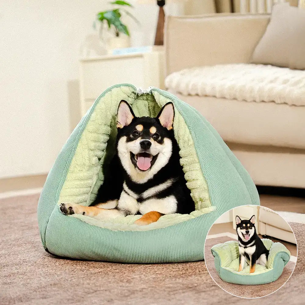 Grünes 2-in-1 Hundebett als gemütliche Höhle und offene Liegefläche, waschbar & komfortabel.