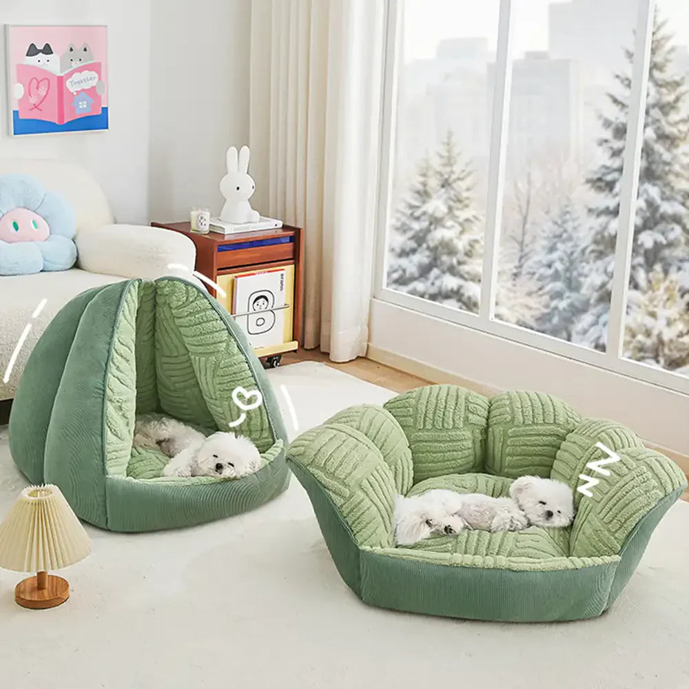 Vielseitiges 2-in-1 Hundebett in Grün, Höhlenbett oder offene Liegefläche, ultra-komfortabel.