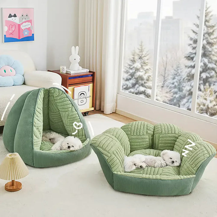 Vielseitiges 2-in-1 Hundebett in Grün, Höhlenbett oder offene Liegefläche, ultra-komfortabel.
